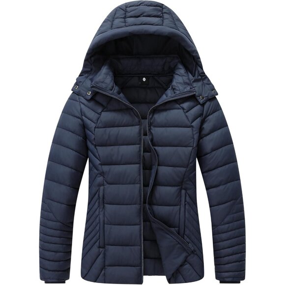 Jackets & Blazers - Women's Dark Blue Quilted Hood Down Jacket Coat Detachable Warm Winter Travel